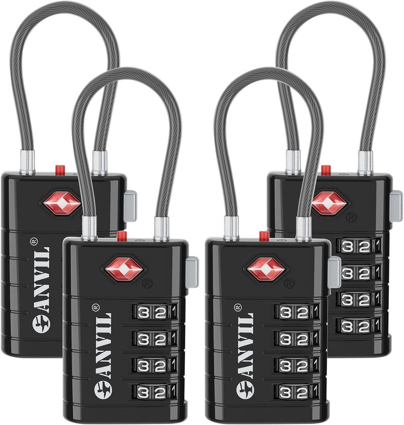 Anvil 4 Digit Luggage Locks, TSA Locks for Luggage, Advanced TSA008 core, Alert Indicator for Your Travel Lock, Suitcase Lock. (4, Black) - Image 1